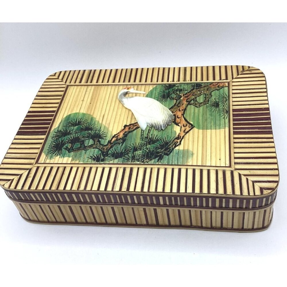 1980s Chinese Handcrafted Marquetry Inlaid Bamboo Mother Of Pearl Jewelry Box